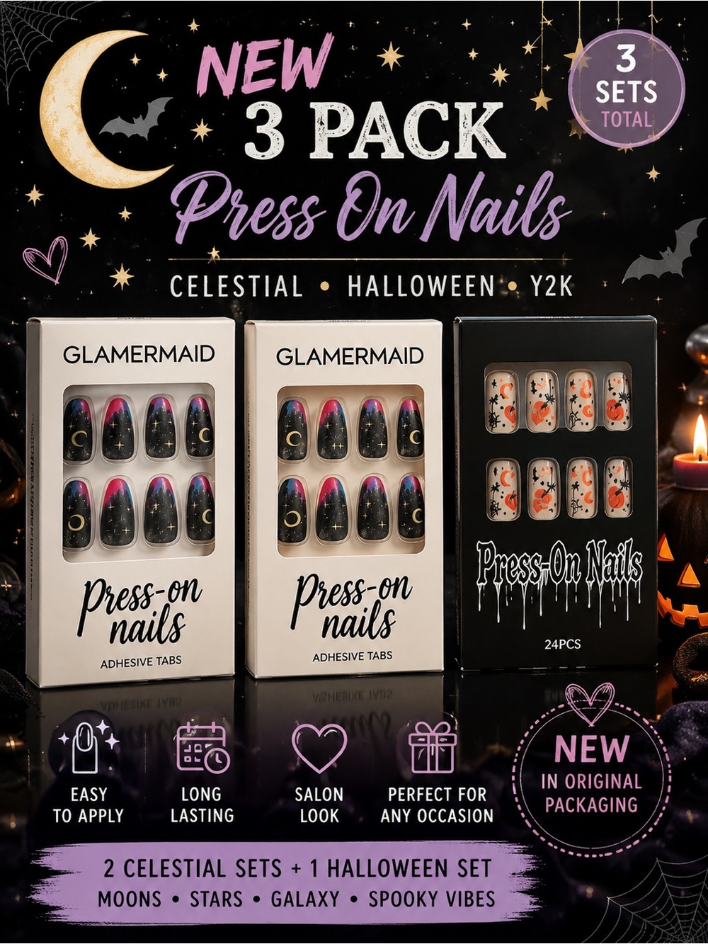 NEW 3 Pack Press On Nails Halloween Celestial Moon Stars